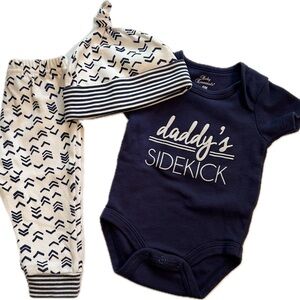 6M Matching 3 Piece Baby Set “Daddy’s Sidekick” Neutral Navy Blue White Coastal